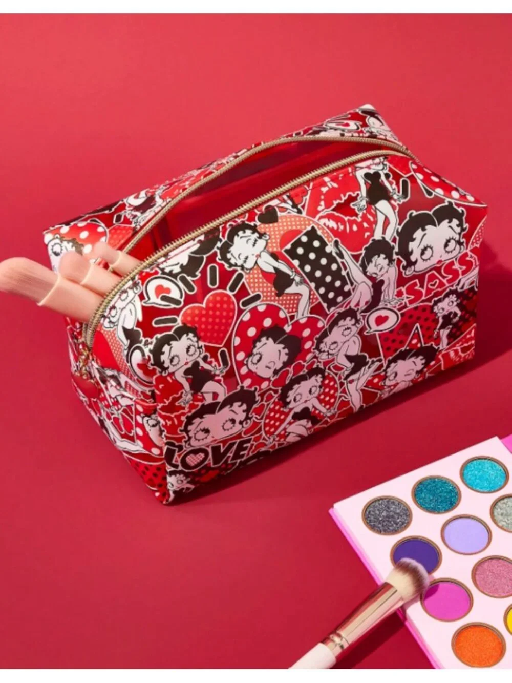 Betty Boop Large Capacity Cosmetic Bag – Red Love Print Makeup Organizer Travel